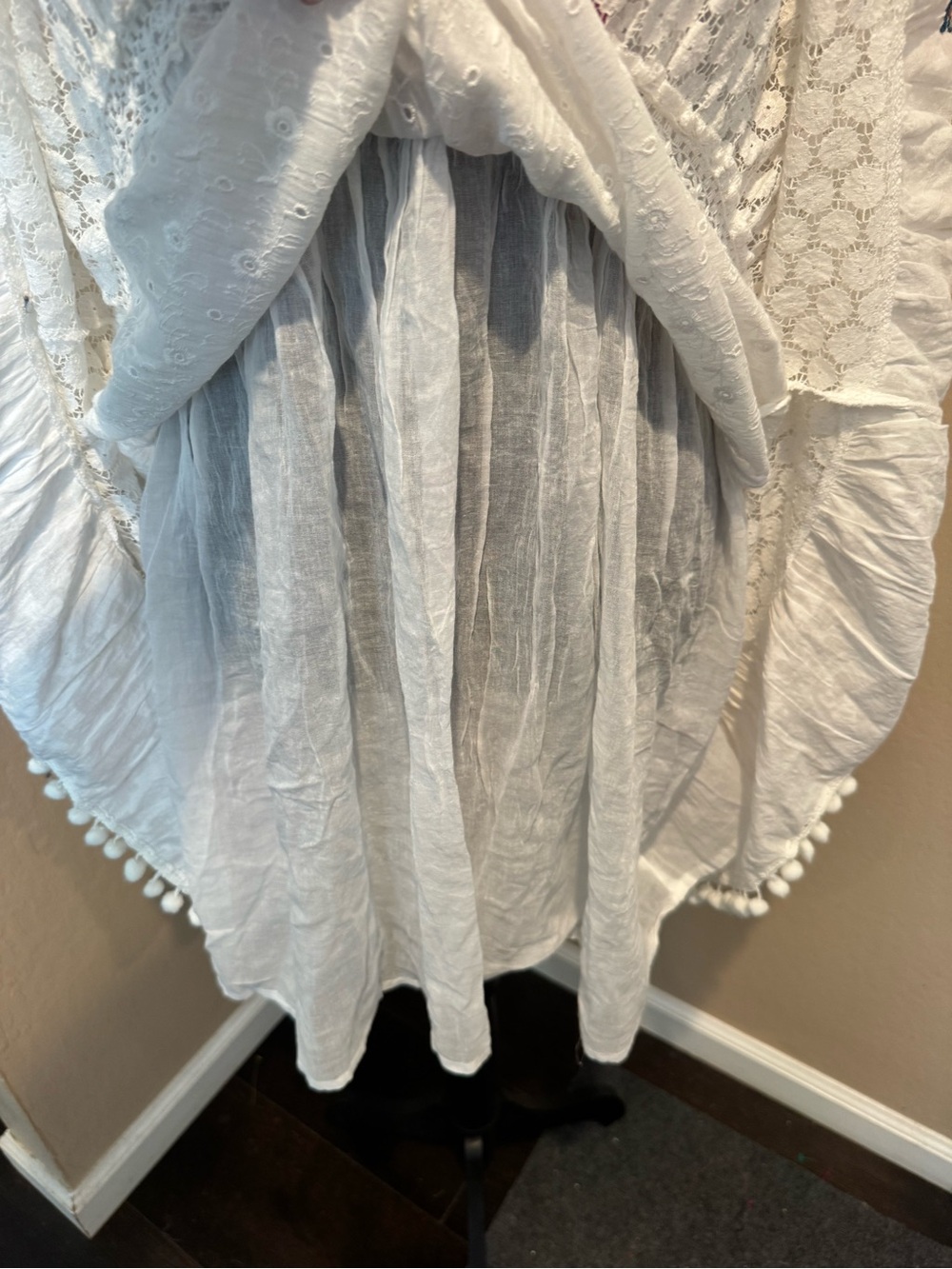 Gorgeous Boho White Embroidered Dress with Colorful Floral Detail & Pom Pom Trim - Picture 7 of 7